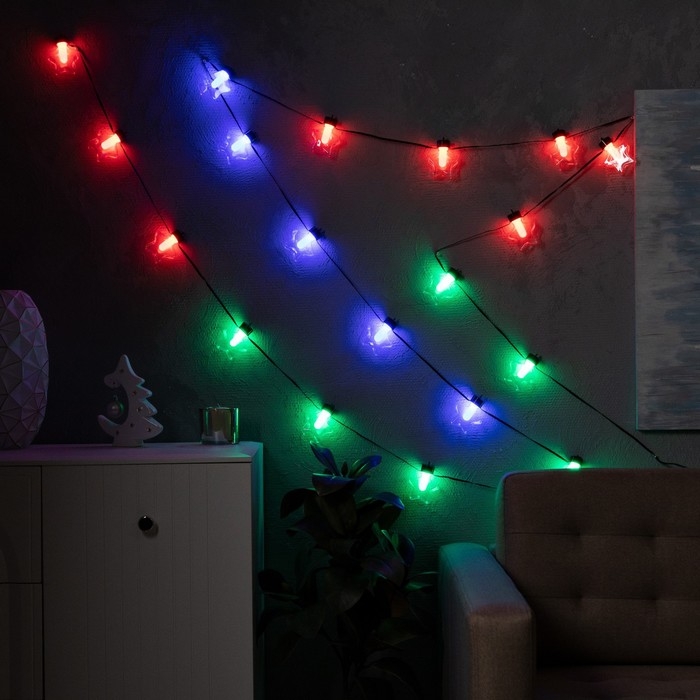 Умная гирлянда &laquo;Нить&raquo; 6 м с насадками &laquo;Звёздочки&raquo;, IP20, тёмная нить, 20 LED, свечение RGB, USB