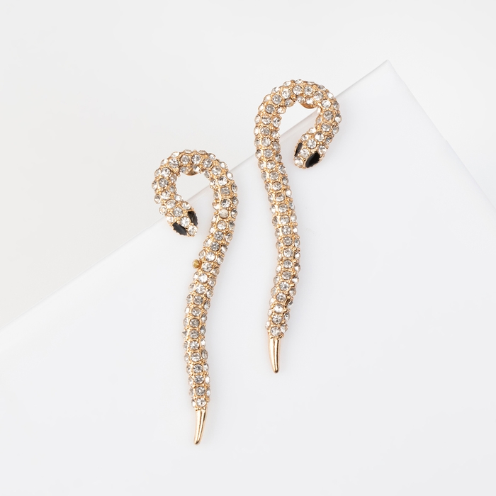 Новый год! Символ года 2025! Серьги со стразами &laquo;Змея&raquo;, элемент, цвет белый в золоте