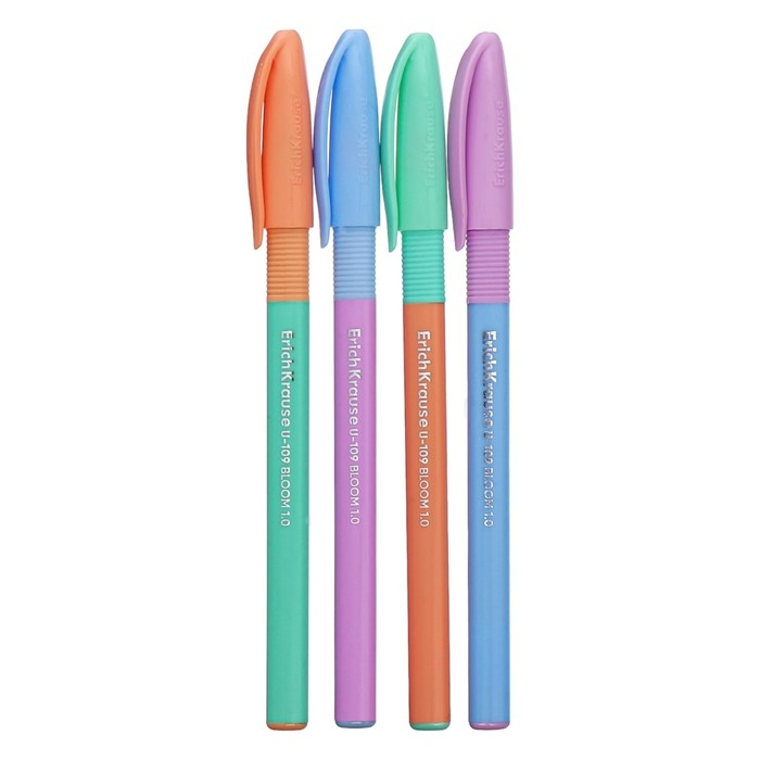Набор ручек шариковых 4 штуки, ErichKrause U-109 Stick&Grip Pastel Bloom, узел 1.0 мм, чернила синие, резиновый держатель, длина линии письма 1000 метров
