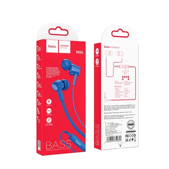 Наушники Hoco M86, проводные, вакуумные, микрофон, Jack 3.5 мм, 1.2 м, синие