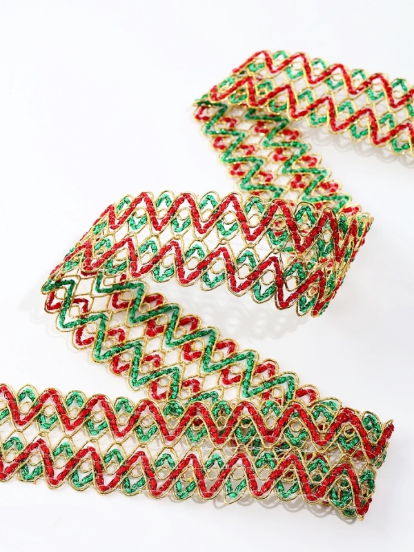 Тесьма Зигзаг зелено-красно-золотая 3.5 см намотка 25 метров