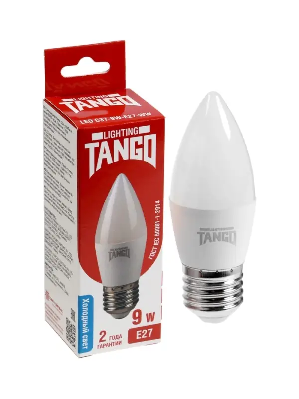 Лампа светодиодная TANGO, С37, 9 Вт, E27, 855 Лм, 6500K, IP20, свечение холодное белое, матовое стек