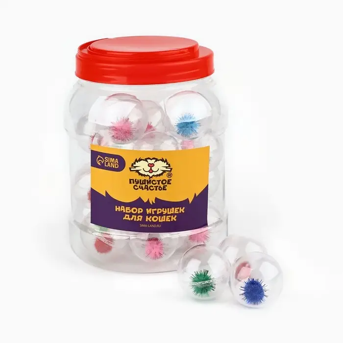 Шарик для кошек с помпошкой, 4 см, фасовка в банку по 25 шт, МИКС