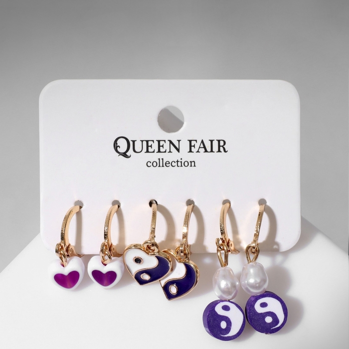 Набор серьги 3 пары &laquo;Тинейдж&raquo;, цвет бело-фиолетовый в золоте