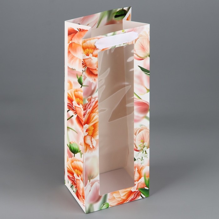 Пакет подарочный под бутылку, упаковка, &laquo;Цветы&raquo;, 36 х 13 х 10 см