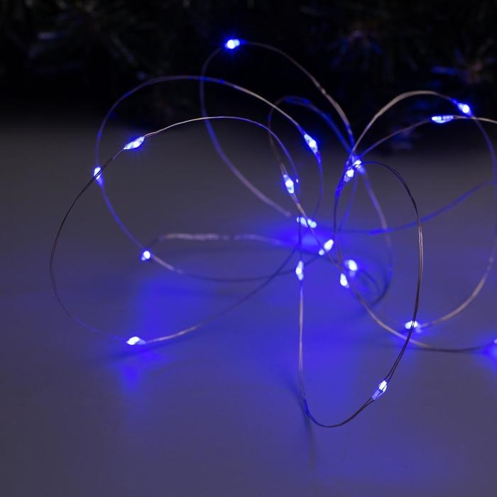 Гирлянда &laquo;Нить&raquo; 2 м роса, IP20, серебристая нить, 20 LED, батарейки CR2032х2 (в комплекте), свечение синее