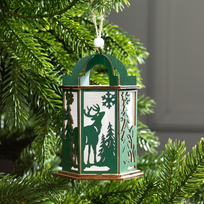Ёлочная игрушка «Зелёный фонарь с оленем», от батареек, свечение тёплое белое Ёлочная игрушка «Зелёный фонарь с оленем», от батареек, свечение тёплое белое