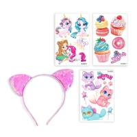 Набор детских татуировок &laquo;Милая кошечка&raquo;, с ободком, тату &mdash; 16 шт.