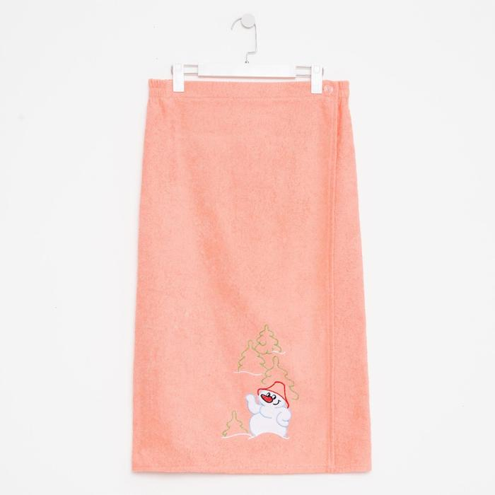 Килт женский для бани и сауны, цвет персиковый вышивка Снеговик, размер 80х150±2 см, махра 300г/м 100% хлопок Килт женский для бани и сауны, цвет персиковый вышивка Снеговик, размер 80х150±2 см, махра 300г/м 100% хлопок