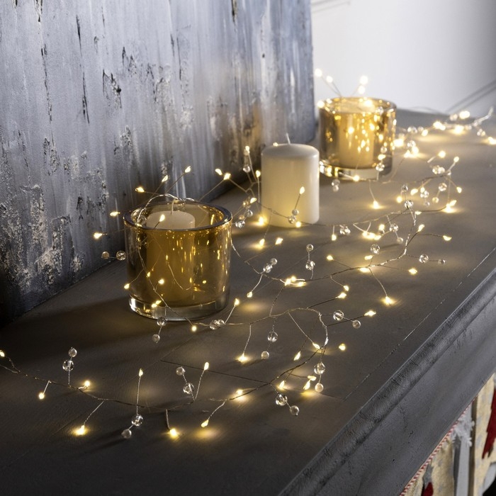 Гирлянда &laquo;Мишура&raquo; 2 м роса с насадками &laquo;Шарики&raquo;, IP20, серебристая нить, 100 LED, свечение тёплое белое, ААх3