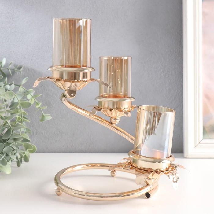 Подсвечник металл, стекло на 3 свечи "Ветвь с листиками" d-5 см золото 15х15х23,5 см