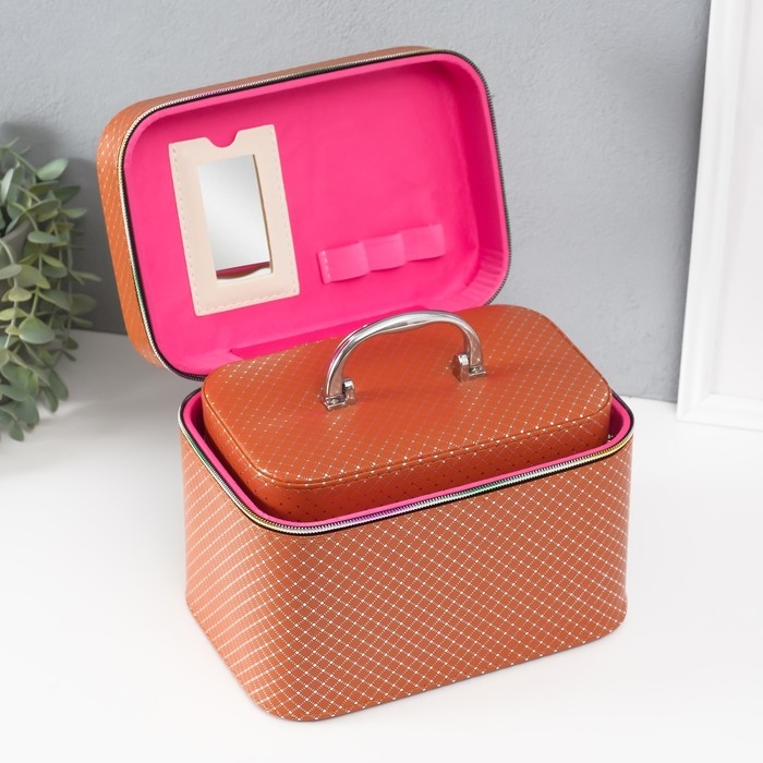 Шкатулка кожзам с зеркалом "Ромбы" охра набор 3 шт 19х10,5х10,5 21х13х14 15х23х17 см