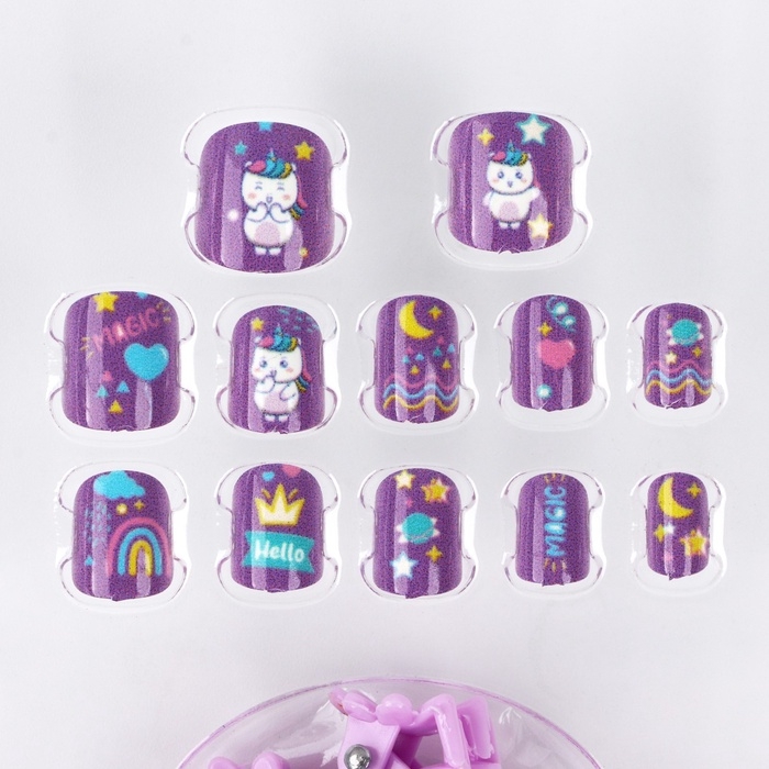 Детские накладные ногти &laquo;Радужный Единорожка&raquo;, 12 шт, набор с браслетом и заколками