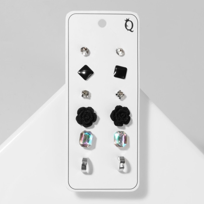 Пусеты 6 пар &laquo;Романтика&raquo; розочка, цвет чёрно-белый в серебре