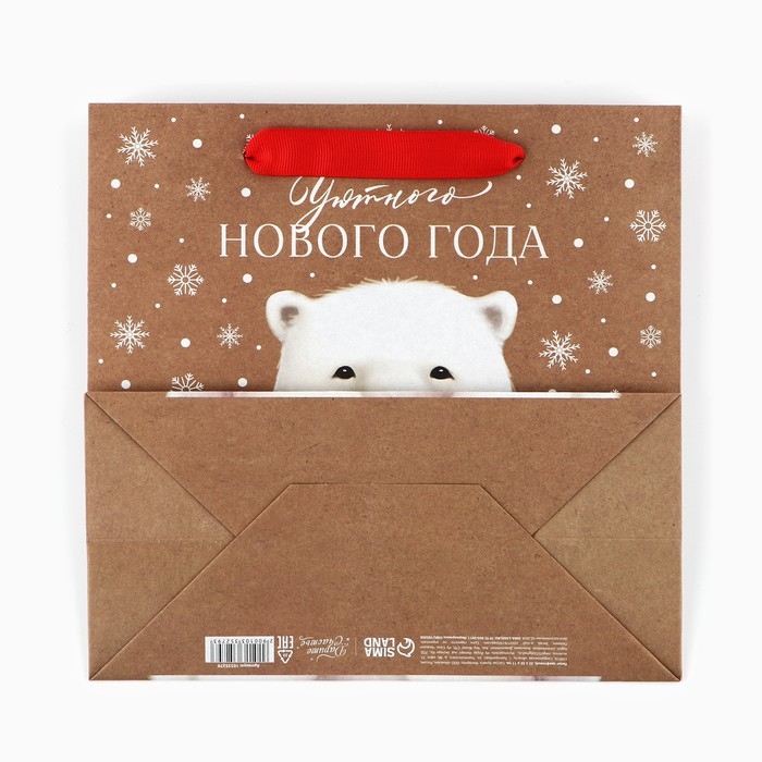 Пакет подарочный новогодний крафтовый квадратный &laquo;Новогодний мишка&raquo;, 22 х 22 х 11 см, Новый год