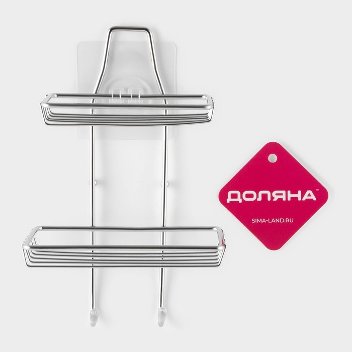 Мыльница 2-х ярусная на липучке Доляна, 2 крючка, 14,5×10×21 см, цвет хром Мыльница 2-х ярусная на липучке Доляна, 2 крючка, 14,5×10×21 см, цвет хром