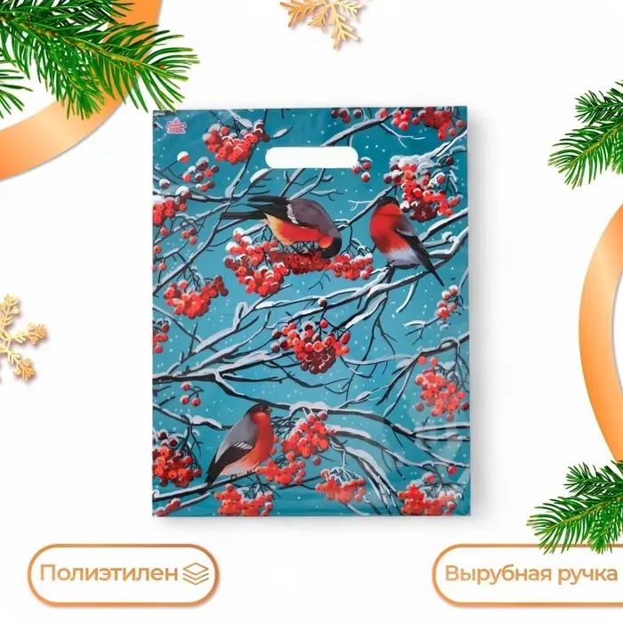 Пакет &laquo;Снегири на рябине&raquo;, полиэтиленовый с вырубной ручкой, л 40&times;31 см