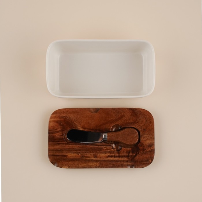 Паштетница фарфоровая с ножом SL Home &laquo;Южная акация&raquo;, 2 предмета: паштетница с деревянной крышкой 650 мл, нож 12,3&times;3 см