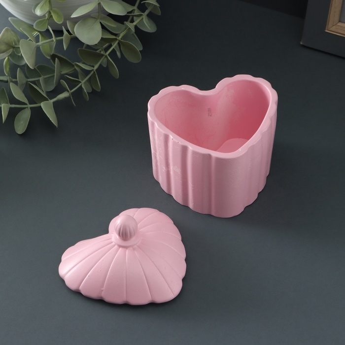 Шкатулка с крышкой - подсвечник "Сердце рельефное"  10х8х8см, розовая