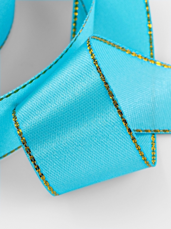 Лента атласная, с золотым люрексом, 25 мм, 23&plusmn;1 м, голубая №020