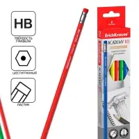 Карандаш чернографитный с ластиком ErichKrause Academy, НВ, грифель d=2,2 мм, дерево, шестигранный в коробке, микс