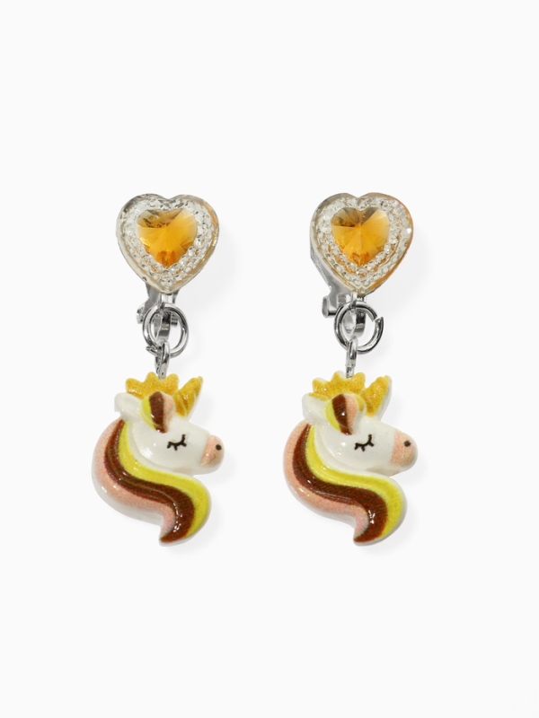 Серьги-клипсы детские "Выбражулька" единорог драгоценность с сердцем кристалл, цвет жёлто-белый