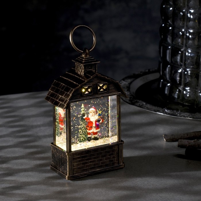 Светодиодная фигура &laquo;Фонарь с Дедом Морозом и ёлкой&raquo; 7.5 &times; 14 &times; 4.2 см, пластик, блёстки, батарейки AG13х3 (в комплекте), свечение тёплое белое