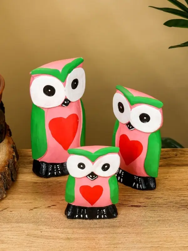 Набор сувенирный &laquo;Совята с сердечком&raquo;, h=15 см, h=13 см, h=10 см, дерево, розово-зелёный