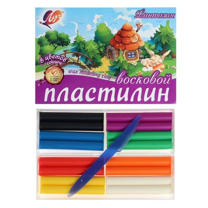 Пластилин мягкий (восковой), 8 цветов, 140 г, Пластилин мягкий (восковой), 8 цветов, 140 г, "Фантазия", со стеком, МИКС