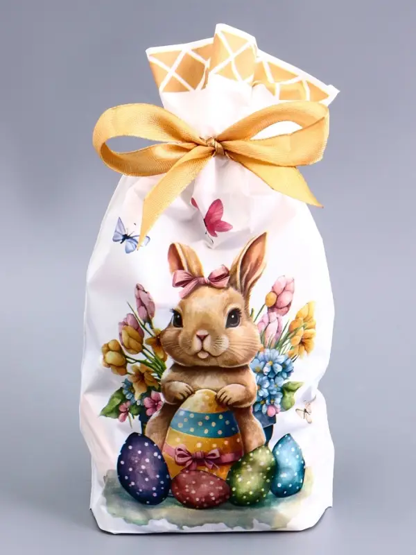 Пакет полиэтиленовый подарочный &laquo;Заяц с цветами&raquo;, с завязками, 15&times;23 см МИКС