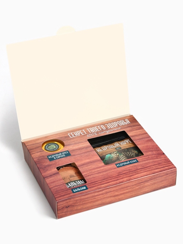 Набор &laquo;Здоровья и благополучия&raquo;: кедровый орех в сосновом сиропе 25 г., бальзам 100 мл., кедрокофе 50 г.