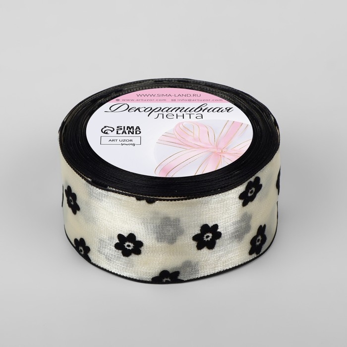 Лента капроновая &laquo;Цветы&raquo;, с бархатным тиснением, 38 мм &times; 9,1 &plusmn; 0,5 м, цвет бежевый/чёрный