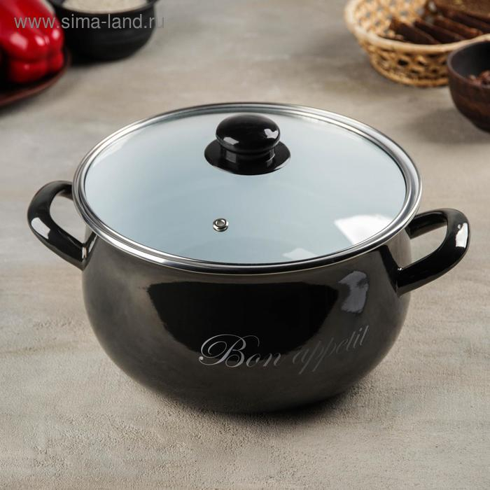 Кастрюля эмалированная &laquo;Металлик&raquo;, 5,1 л, стеклянная крышка, индукция, цвет чёрный