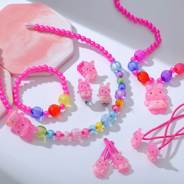 Комплект детский &laquo;Выбражулька&raquo; 9 предметов: ободок, 2 резинки, 2 заколки, клипсы, кулон, браслет, кольцо, зайчики, цвет МИКС