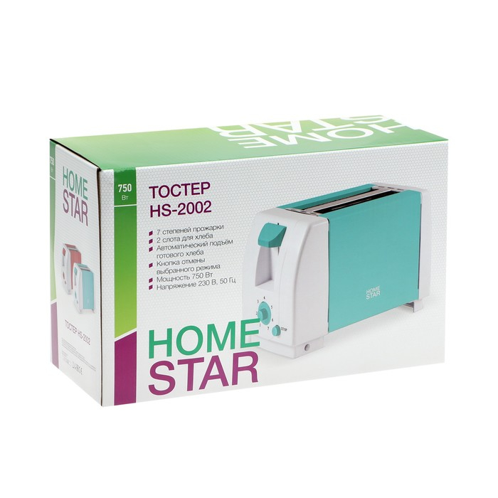 Тостер HOMESTAR HS-2002, 750 Вт, 7 режимов прожарки, 2 тоста, бирюзовый Тостер HOMESTAR HS-2002, 750 Вт, 7 режимов прожарки, 2 тоста, бирюзовый