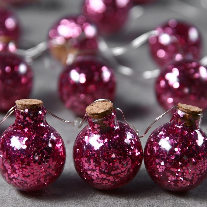 Гирлянда &laquo;Нить&raquo; 1.6 м с насадками &laquo;Шарики с розовым конфетти&raquo;, IP20, серебристая нить, 15 LED, батарейки ААх2 (нет в комплекте), свечение тёплое белое