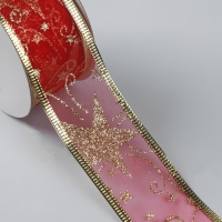 Новый год! Лента капроновая с металлической нитью &laquo;Звёзды и вьюнки&raquo;, 38 мм &times; 2,7 &plusmn; 0,5 м, цвет красный/золотой