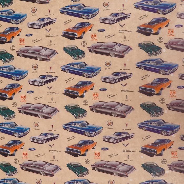 Бумага упаковочная крафт "Автомобили ретро", 0,72 х 10 м, 40 г/м&sup2;
