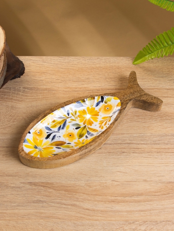 Блюдо в форме рыбки "Желтые и синие цветы" дерево манго 25,5х10х2 см