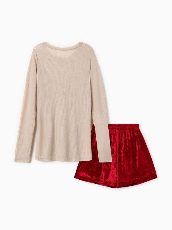 Комплект женский домашний (лонгслив и шорты) KAFTAN "Бархат", 40-42, бордо/беж