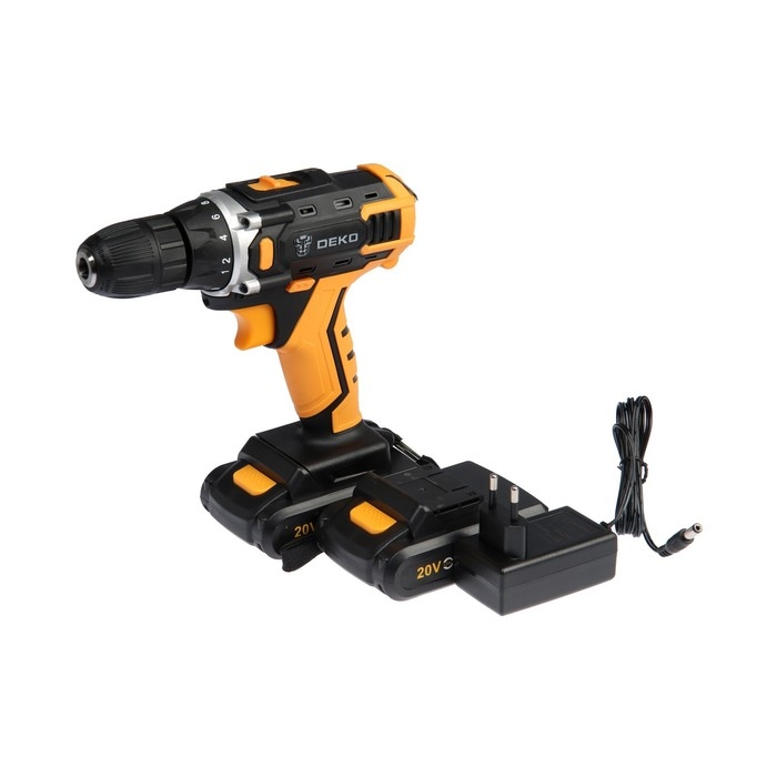 Дрель-шуруповерт DEKO DKCD20FU-Li, 20 В, 2х2 Ач, Li-lon, 42 Нм, 350/1350 об/мин + 63 пр.