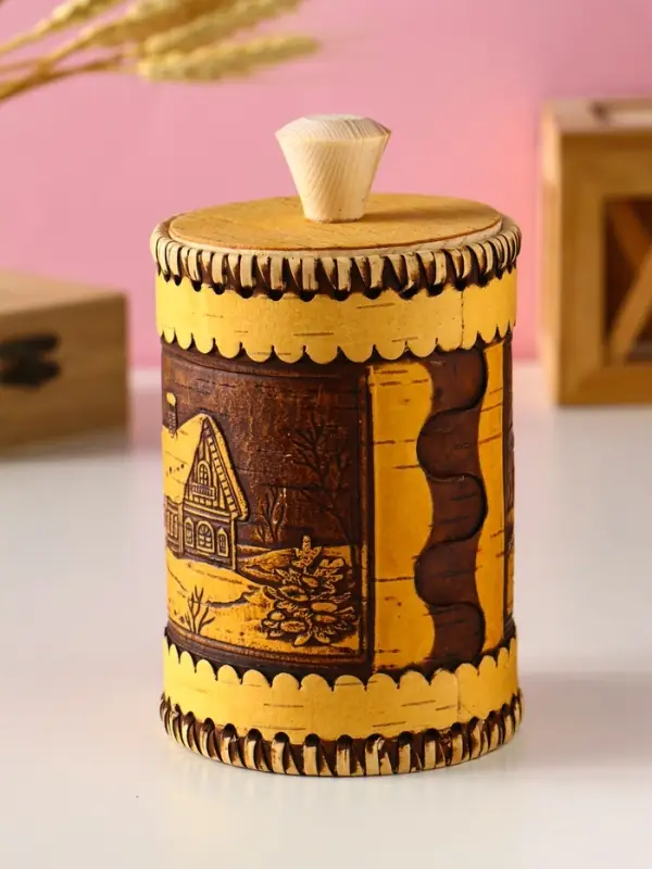 Туес шитый "Домики", D8смхH(с хватком)14см, береста