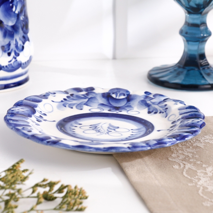 Блюдце гжель &laquo;Анемон&raquo;, бело-синий,керамика, D = 15 см,