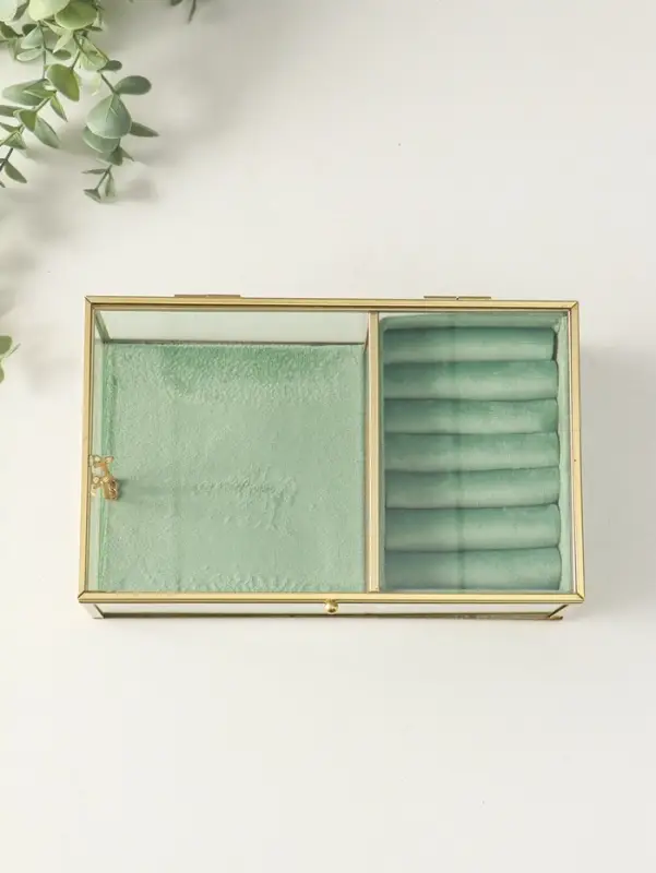 Шкатулка стекло с металлическим каркасом "Зелёная" 2 отделения 22х14,5х7,5