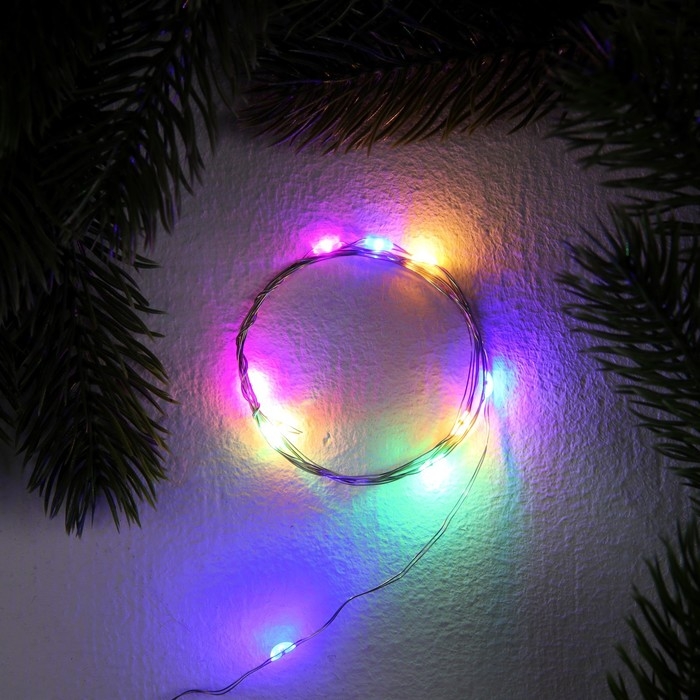 Гирлянда &laquo;Нить&raquo; 1 м роса, IP20, серебристая нить, 10 LED, 3 режима, батарейки AG13х3 (в комплекте), свечение мульти