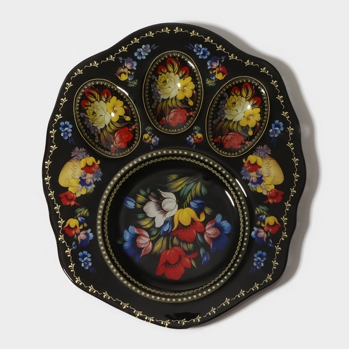 Подставка стеклянная для яиц Доляна &laquo;Жостовская роспись&raquo;, 3 ячейки, 21&times;18 см, цвет чёрный