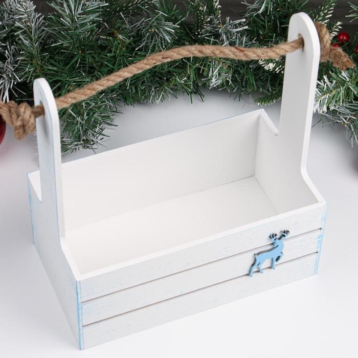 Набор кашпо деревянных 2 в1 "Новый год.Олень", (25х15х30;21х12х23), ручка канат, белый