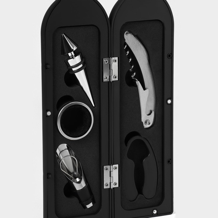 Набор для вина в кейсе Доляна &laquo;Бутылка&raquo;, 5 предметов: пробка, кольцо, каплеуловитель, штопор, нож для срезания фольги