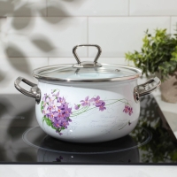 Кастрюля эмалированная &laquo;Сирень&raquo;, 2,1 л, стеклянная крышка, индукция