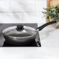 Сковорода &laquo;Классика атлас&raquo;, d=24 см, пластиковая ручка, стеклянная крышка, антипригарное покрытие, цвет чёрный